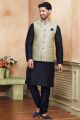 Cream Blue Jaquard Banarasi Silk Nehru Jacket (KFM-6918)