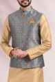 Grey Jaquard Banarasi Silk Nehru Jacket (KFM-6682)