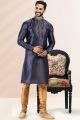 Jaquard Banarasi Silk Mens Kurta Pajama in Blue (KFM-6637)