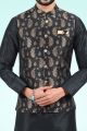 Jaquard Banarasi Silk Mens Nehru Jacket in Black (KFM-6490)