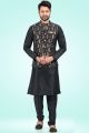 Jaquard Banarasi Silk Mens Nehru Jacket in Black (KFM-6490)