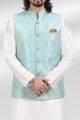 Jaquard Banarasi Silk Mens Nehru Jacket in Blue (KFM-6477)