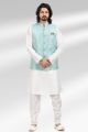 Jaquard Banarasi Silk Mens Nehru Jacket in Blue (KFM-6477)