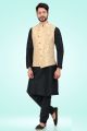Jaquard Banarasi Silk Mens Nehru Jacket in Gold (KFM-6486)