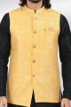 Jaquard Banarasi Silk Mens Nehru Jacket in Yellow (KFM-6483)