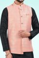 Jaquard Banarasi Silk Nehru Jacket in Pink (KFM-6482)