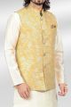 Jaquard Banarasi Silk Yellow Nehru Jacket for Mens (KFM-6479)