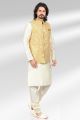 Jaquard Banarasi Silk Yellow Nehru Jacket for Mens (KFM-6479)