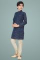 Navy Blue Printed Cotton Silk Boys Kurta (KFK-685)