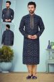 Navy Blue Printed Cotton Silk Casual Kurta (KFM-4826)