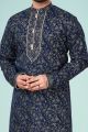 Navy Blue Printed Cotton Silk Kurta Pajama (KFM-4837)