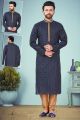 Navy Blue Printed Cotton Silk Kurta Pajama (KFM-4849)