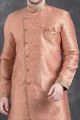 Peach Jaquard Silk Brocade Mens Indo Western Kurta (KFM-5003)