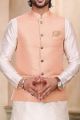 Peach Pink Silk Printed Nehru Jacket (KFM-6917)