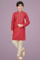 Tomato Red Printed Cotton Silk Boys Kurta Pajama (KFK-689)