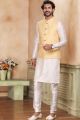 Yellow Jaquard Banarasi Silk Mens Nehru Jacket (KFM-6912)